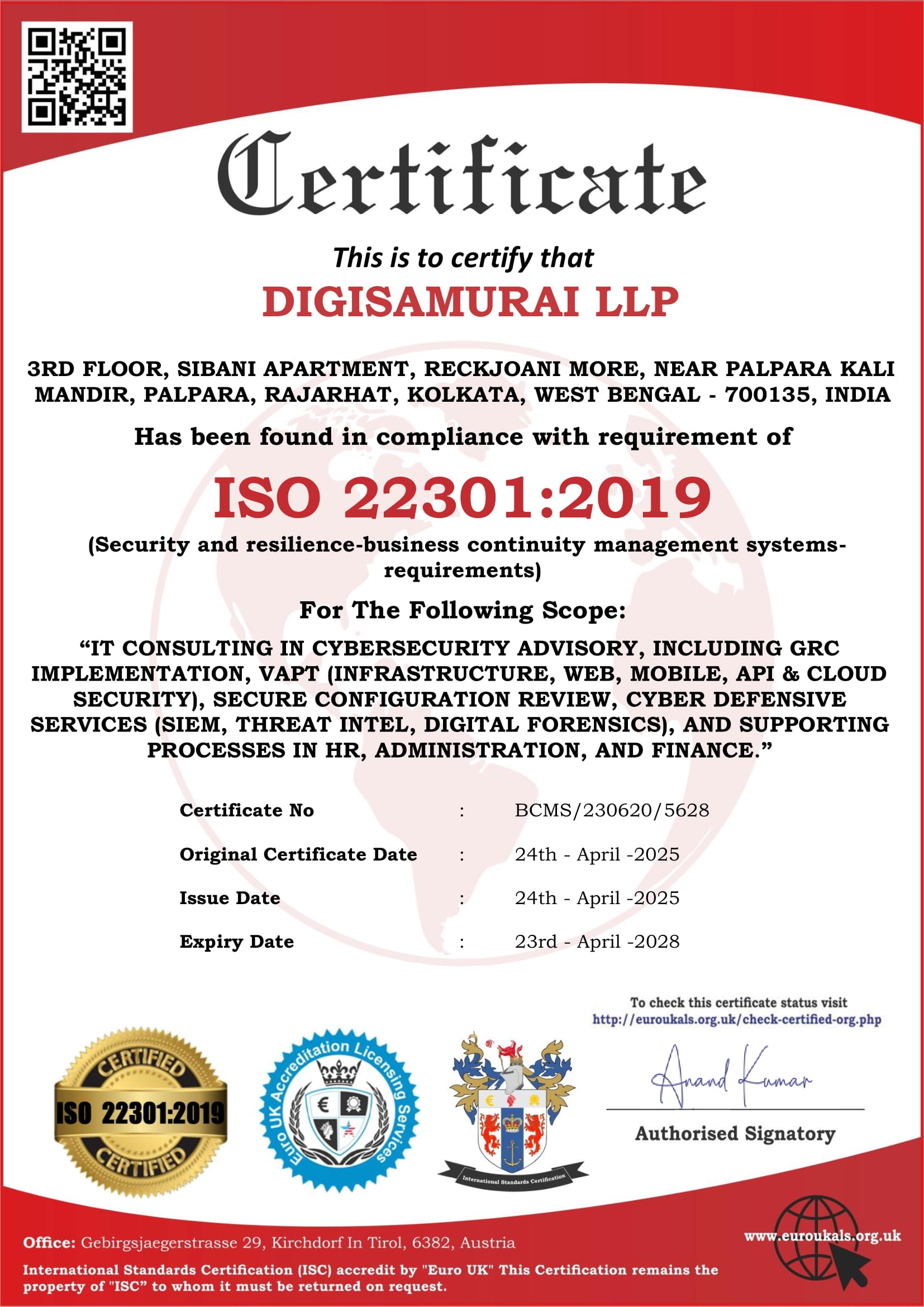 Certificate of Registration ISO 22301:2019