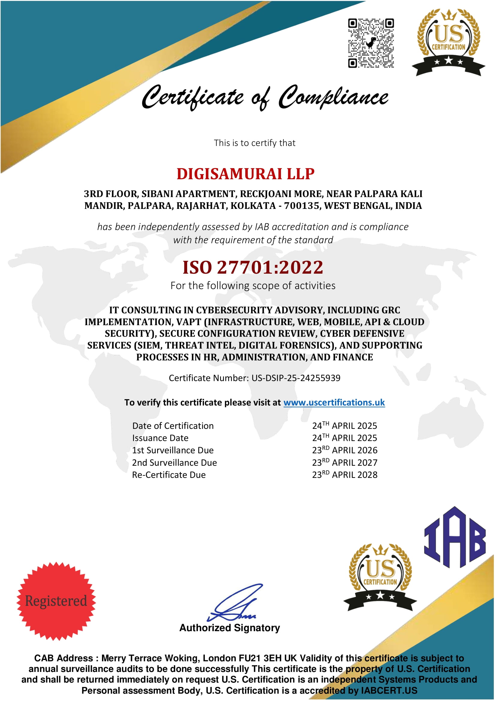 Certificate of Registration ISO/IEC 27701:2022