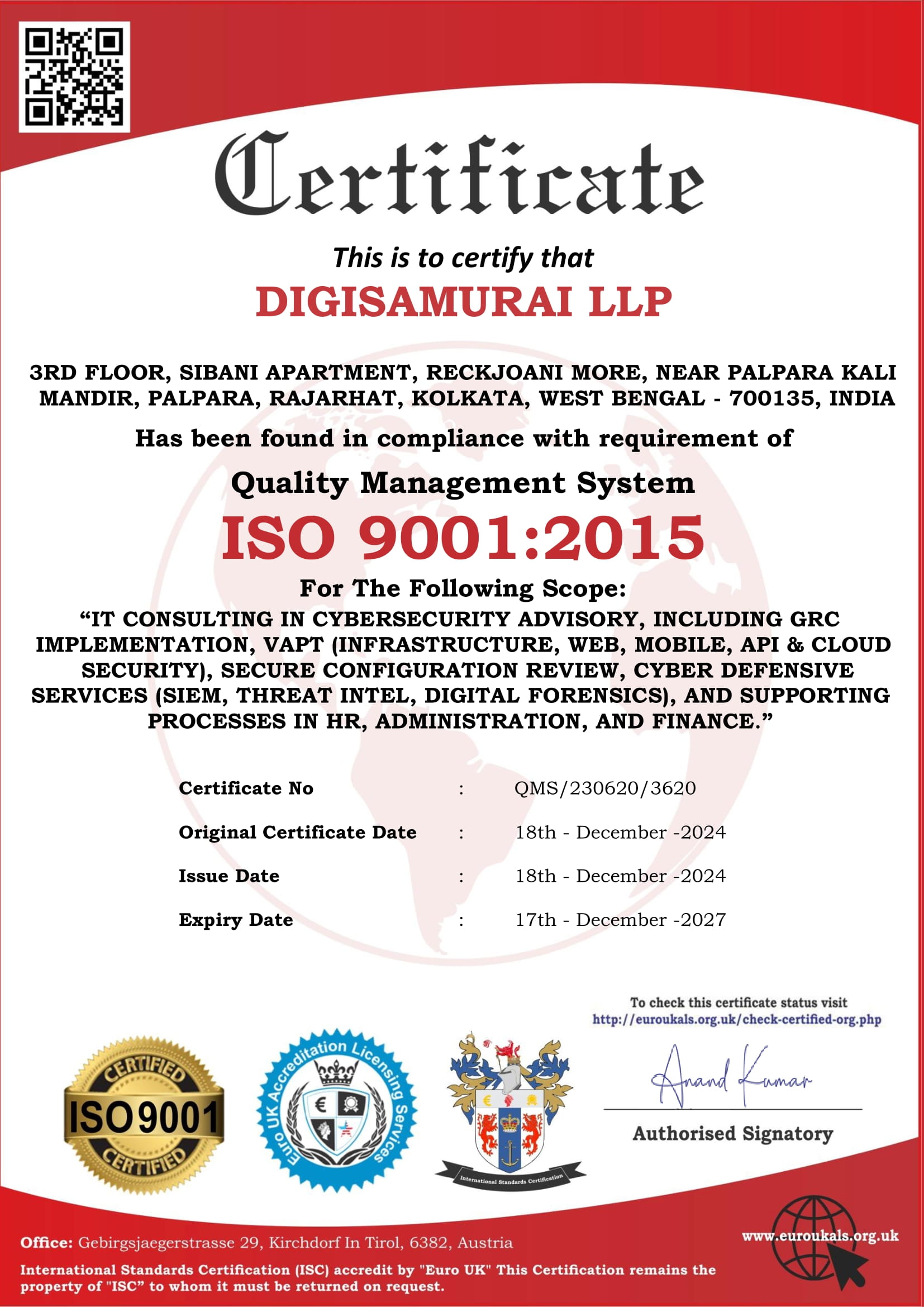 Certificate of Registration Quality Management System ISO 9001:2015
