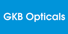 GKB Opticals logo with blue background and white text